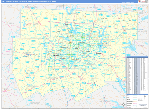 Dallas Fort Worth Arlington Tx Metro Area Wall Map Basic Style By
